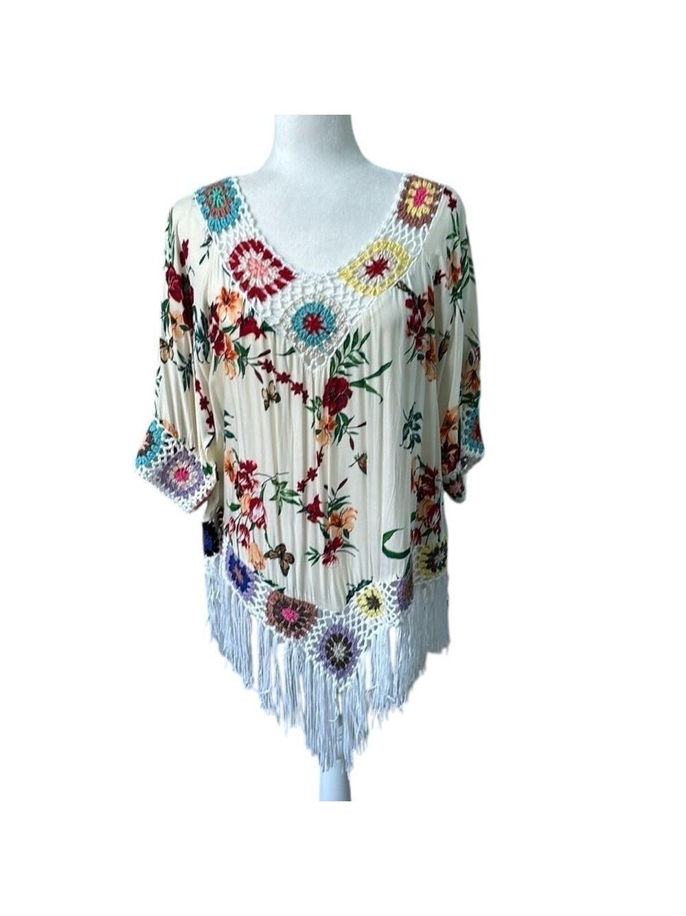 Beautiful Handmade Mexican Multi Color Crochet and Fringe Tunic Top Med no tags